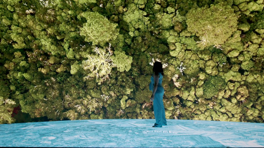 Dancer reaching up towards a wall of moss and greenery
