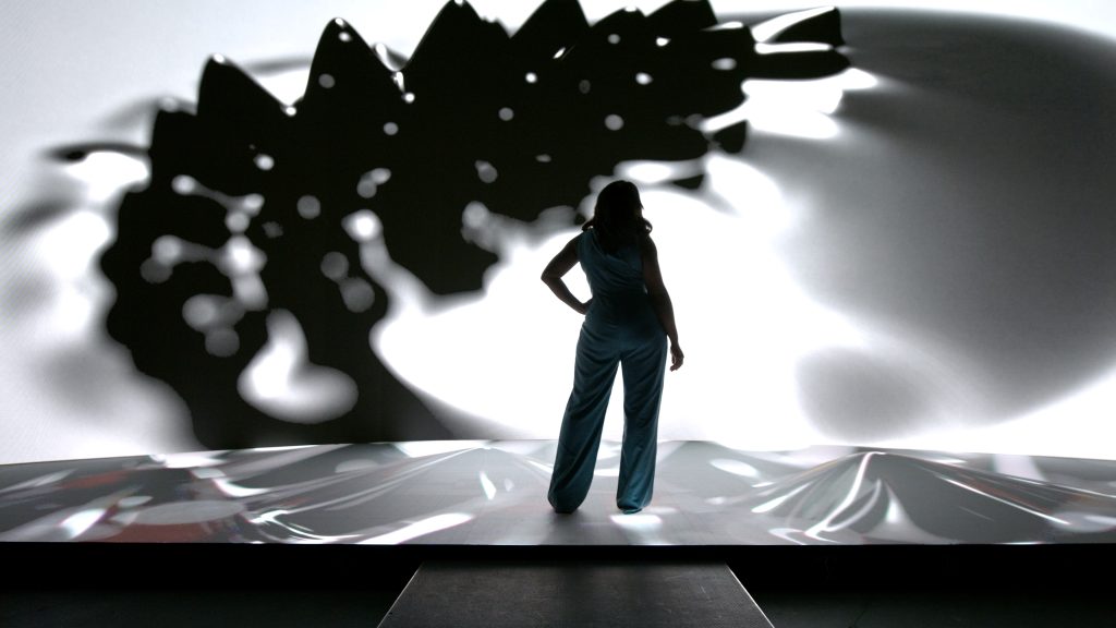 Silhouetted figure before a large sculptural shadow